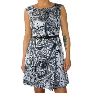 INC Belted Black White Paisley Midi Dress Size 8 Petite Sleeveless